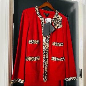 NWT St. John Red Jacket with Leopard Trim and Skirt Set!